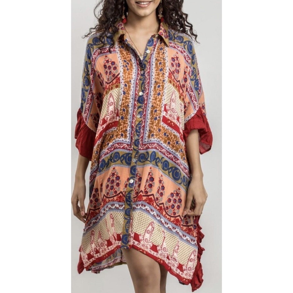 NWT Odel Poncho Whimsical Boho Kimono Multicolored Geometric Print Size 8